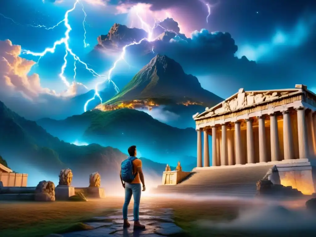 Impresionante ilustración de la Mitología griega en Percy Jackson: Monte Olimpo, Zeus y criaturas míticas bajo un cielo estrellado