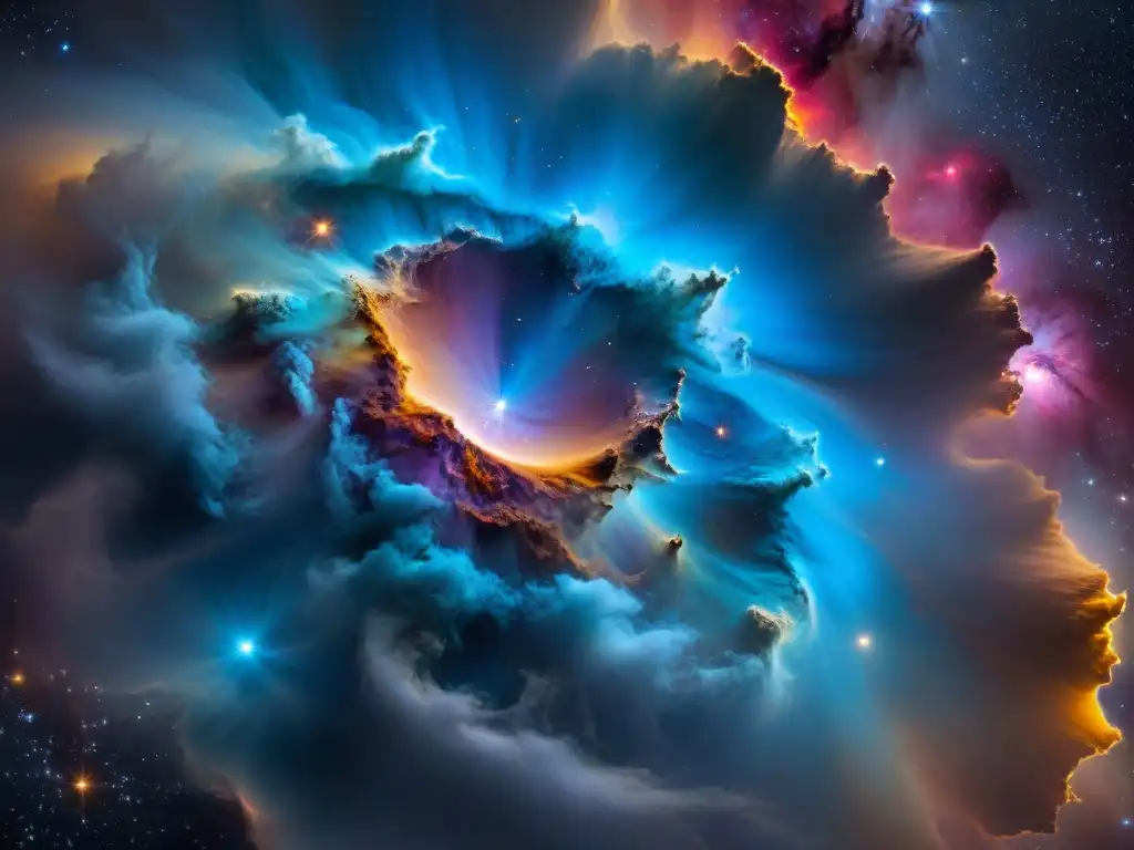 Un impresionante nebulosa en el espacio con colores vibrantes y detalles intrincados, evocando la comunicación interespacial en universos ficticios