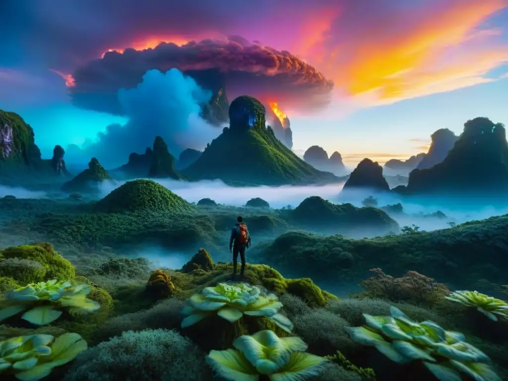 Impresionante paisaje de Pandora al anochecer, con montañas flotantes y flora bioluminiscente