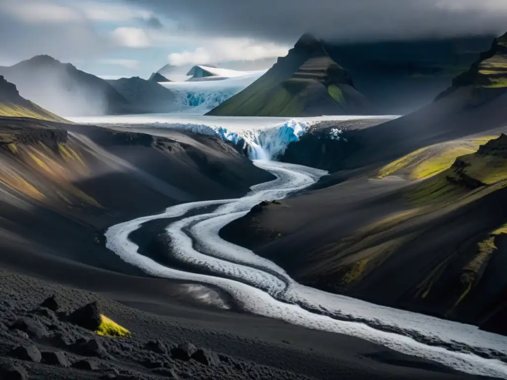 Impresionante paisaje de Islandia en películas: glaciar Svínafellsjökull, contraste entre hielo blanco y rocas negras bajo cielo tormentoso