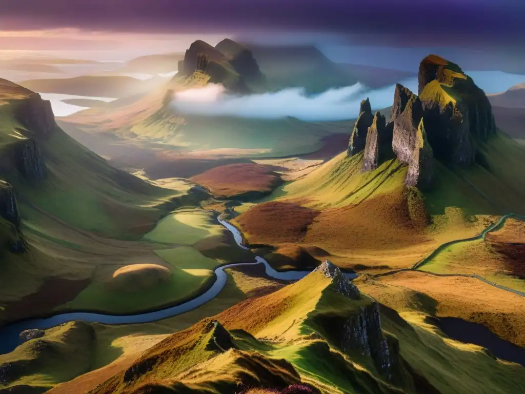 Impresionante paisaje de Quiraing en la Isla de Skye bajo un cielo púrpura mágico, evocando escenas de Harry Potter