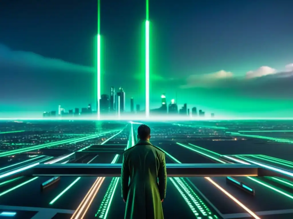 Impresionante paisaje urbano futurista con luces de neón, evocando las implicaciones tecnológicas de The Matrix