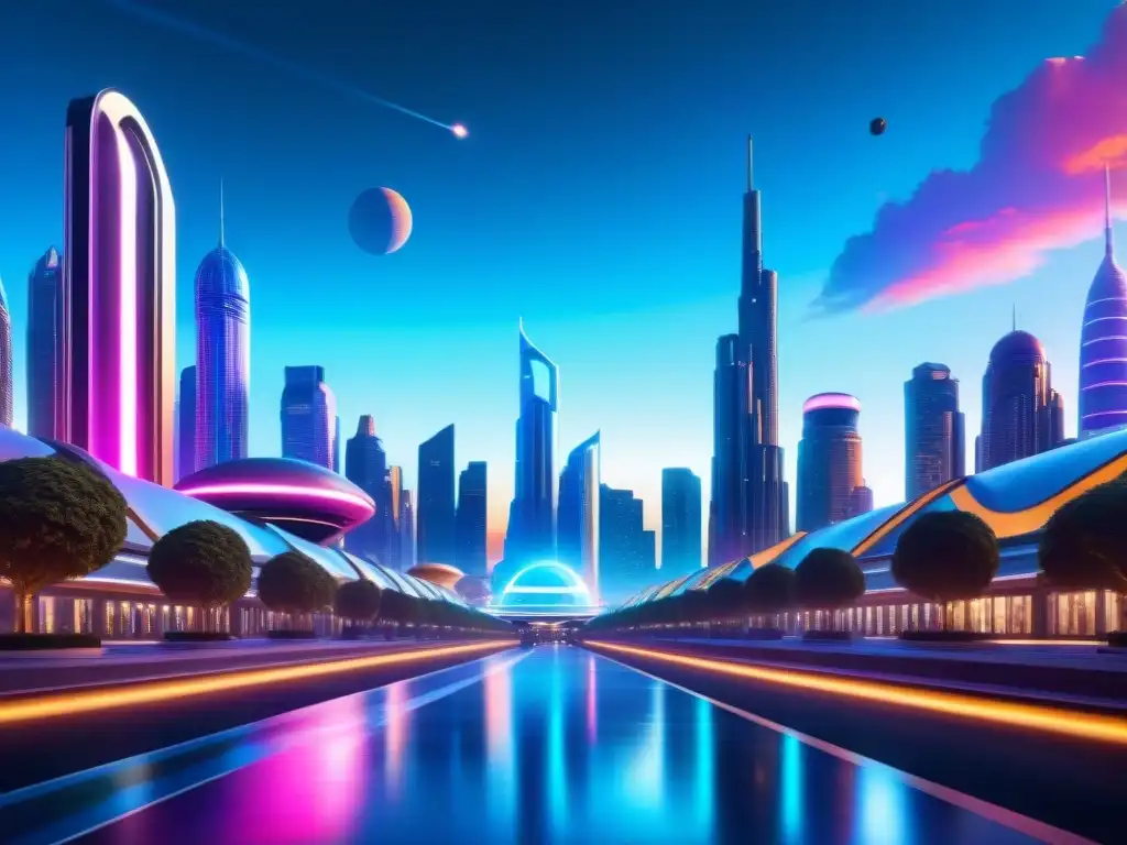 Un impresionante paisaje urbano futurista en un planeta distante, con rascacielos imponentes y tecnología avanzada