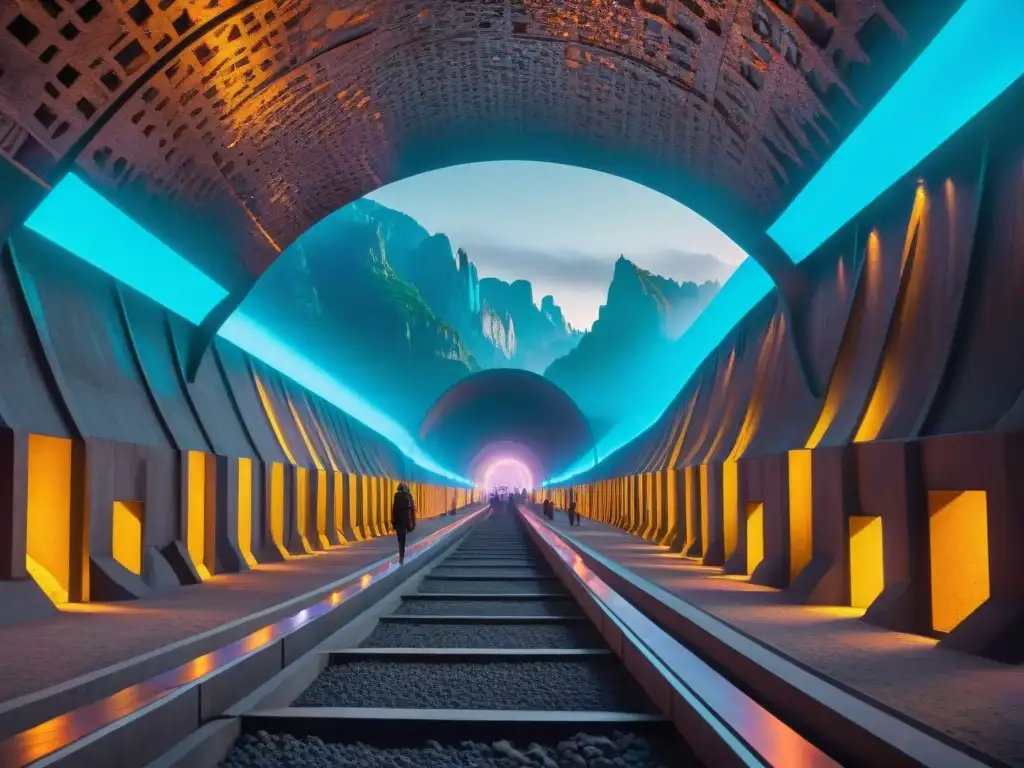 Un impresionante paisaje urbano subterráneo iluminado por luces neón futuristas, reflejando una economía en mundos subterráneos