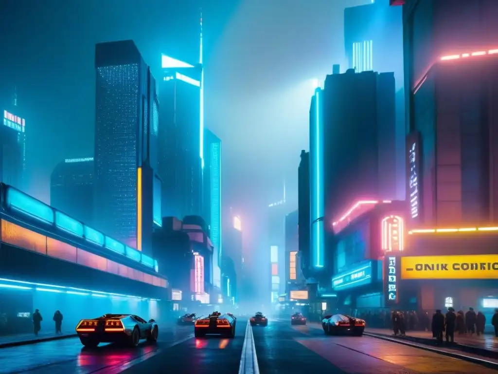 Impresionante panorama de una ciudad futurista en Blade Runner con arquitectura futurista iluminada por luces de neón