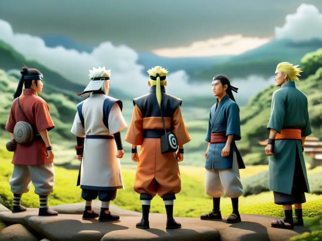 Impresionante ilustración de los Hokage y los prominentes clanes en el mundo Naruto, mostrando fuerza y alianzas únicas