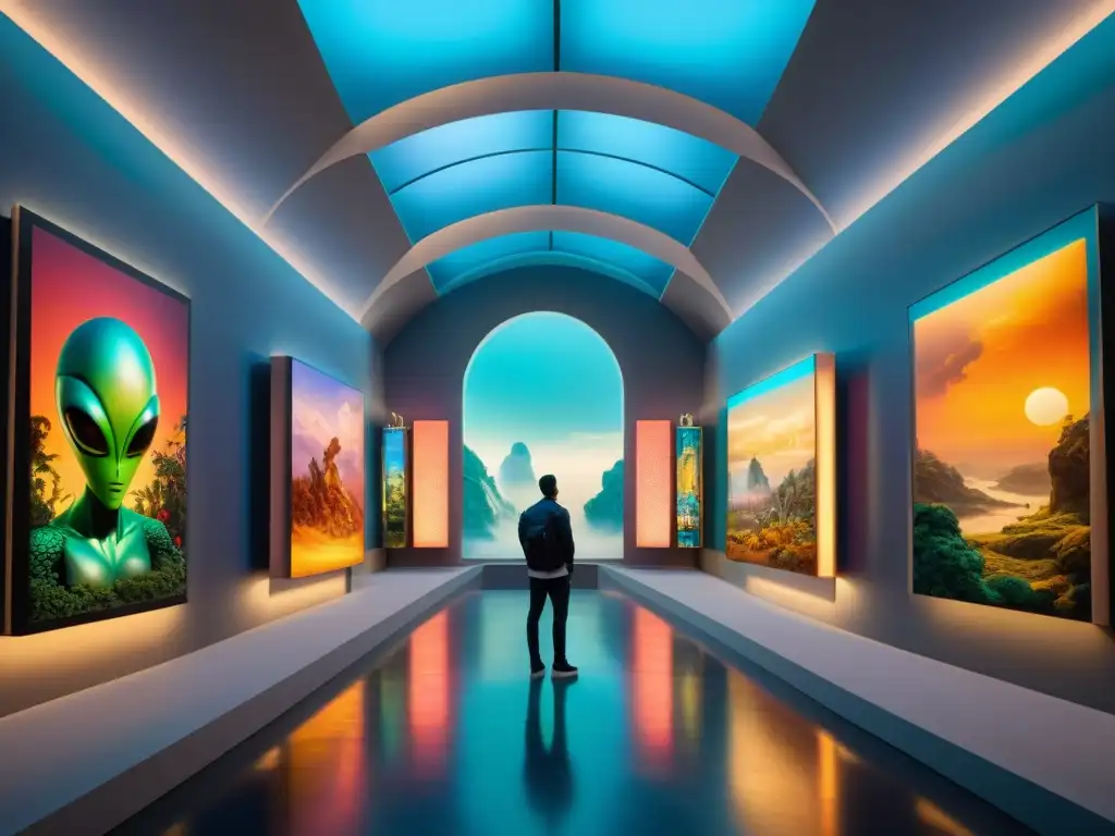 Un impresionante salón de exposiciones de arte inspirado en mundos ficticios, con criaturas míticas, instalaciones futuristas y paisajes alienígenas