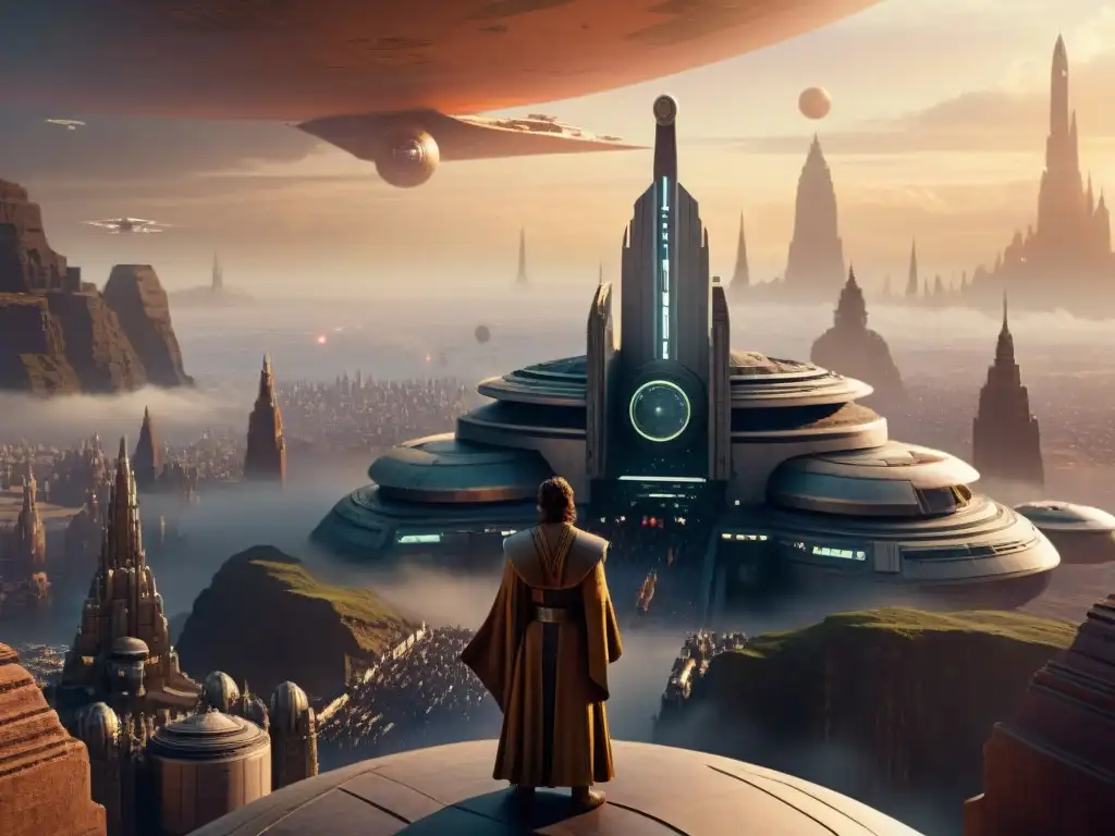 Impresionante templo Jedi en Coruscant, bañado por la luz del atardecer y rodeado de la bulliciosa ciudad