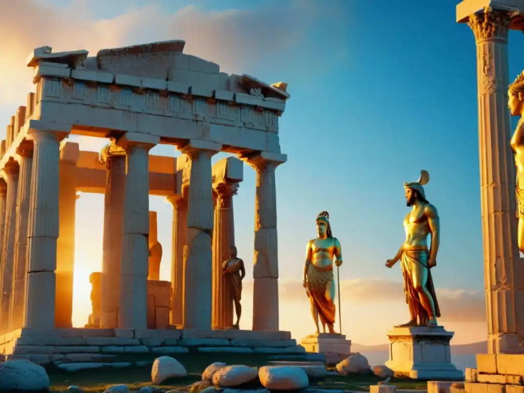 Impresionante templo griego en realidad aumentada con dioses antiguos bajo la luz dorada del atardecer