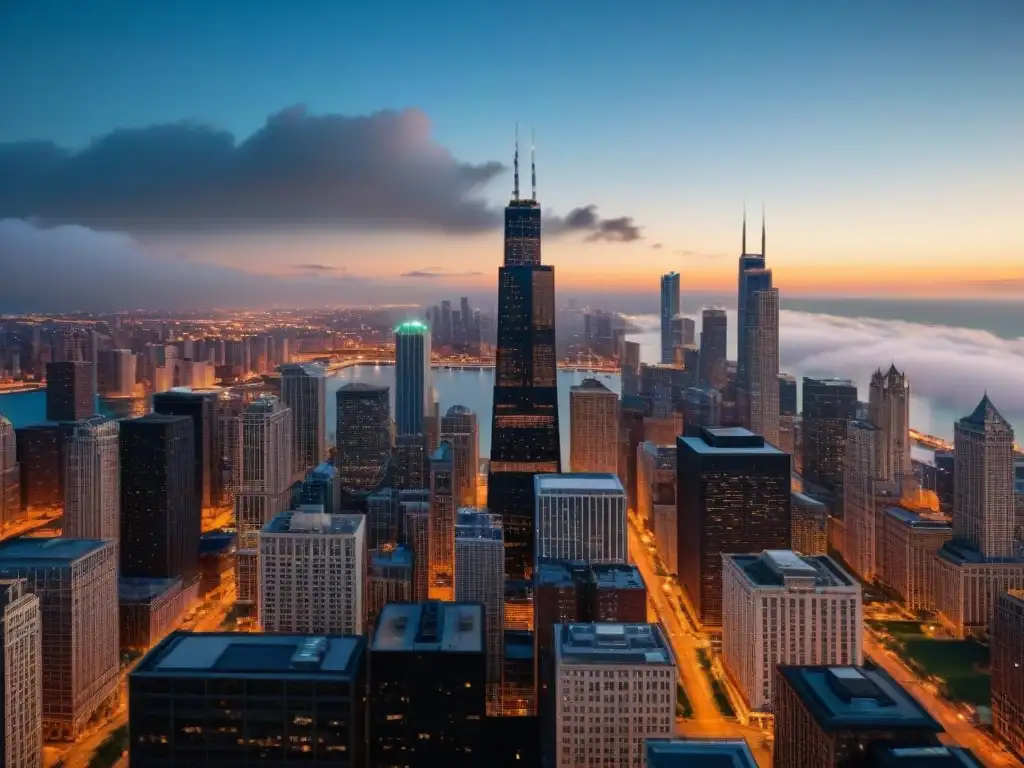 Impresionante vista aérea detallada de la arquitectura de Gotham en Chicago al atardecer, evocando el escenario de 'Batman Begins'