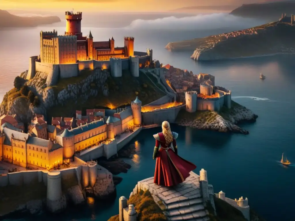 Impresionante vista aérea de King's Landing en Juego de Tronos, con el Red Keep y la geografía de la ciudad bañada por la luz dorada del atardecer