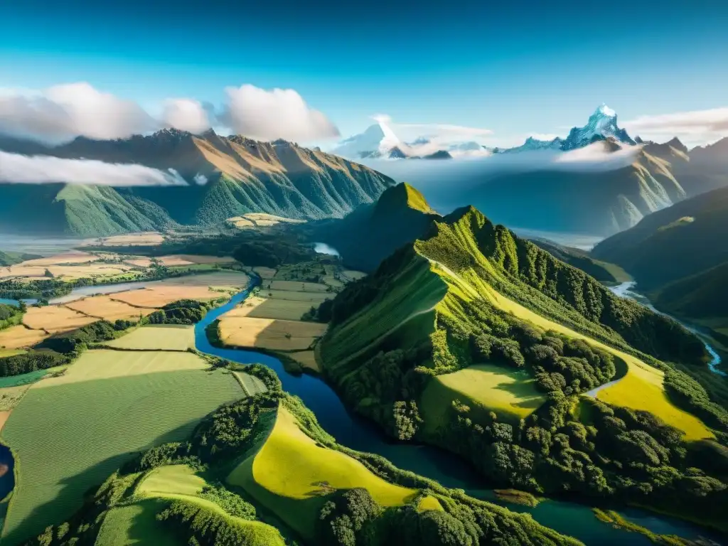 Impresionante vista aérea de Nueva Zelanda como escenario LOTR con montañas nevadas, ríos serpenteantes y bosques densos