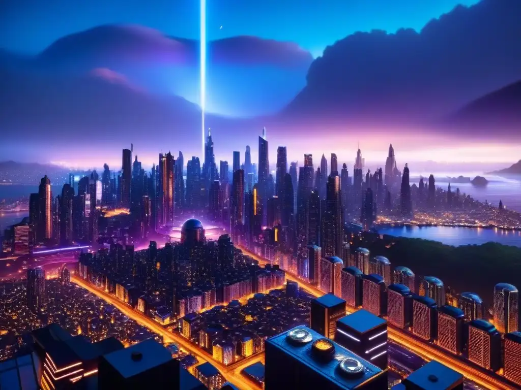 Impresionante vista nocturna de Coruscant con rascacielos iluminados y tráfico de speeders, mostrando la avanzada tecnología del Imperio Galáctico