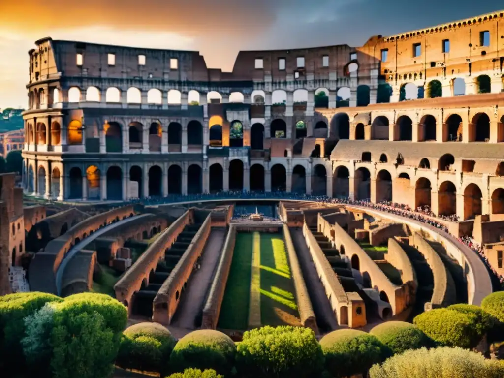 Impresionante vista panorámica del Coliseo en Roma al atardecer, con luces dramáticas y sombras largas