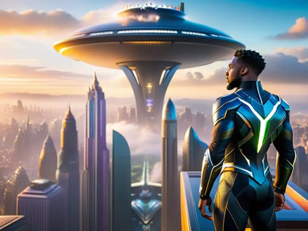 Increíble ciudad futurista en Wakanda con arquitectura en reinos ficticios, torres metálicas y vehículos voladores