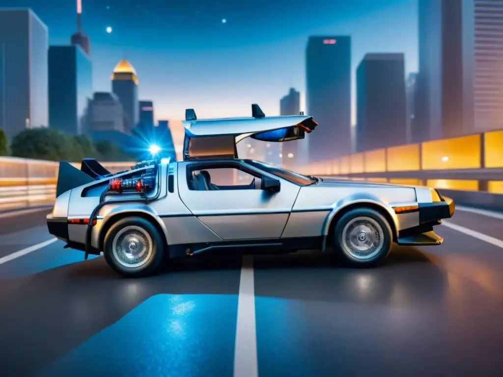 Increíble DeLorean plateado del futuro con puertas de ala de gaviota abiertas, rodeado de un vórtice temporal azul y blanco, en una ciudad nocturna llena de luces de neón