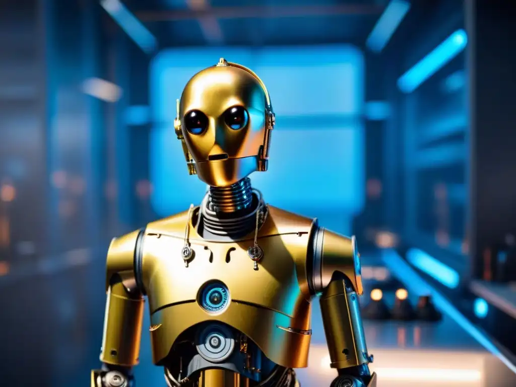 Increíble escena de Tecnología Star Wars vs robótica: robot humanoide interactuando con avanzados brazos robóticos en laboratorio futurista