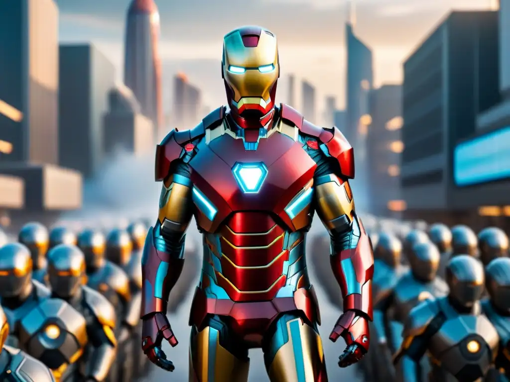 Increíble imagen de Iron Man en traje de nanotecnología rodeado de nanobots creando estructuras avanzadas en un universo Marvel futurista