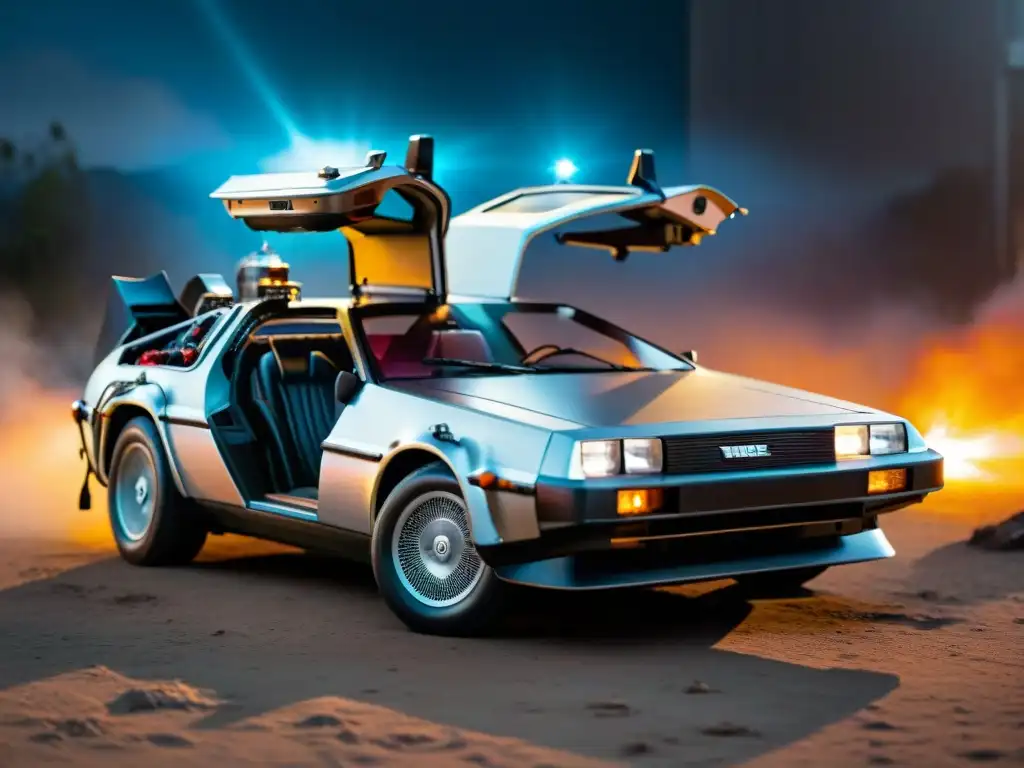 Increíble réplica vehículo ciencia ficción DeLorean Time Machine: puertas abiertas, condensador de fluz brillante y diseño icónico