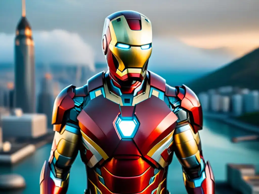 'Increíble nanotecnología en el traje de Iron Man, con componentes brillantes y una ciudad de fondo en el universo Marvel'