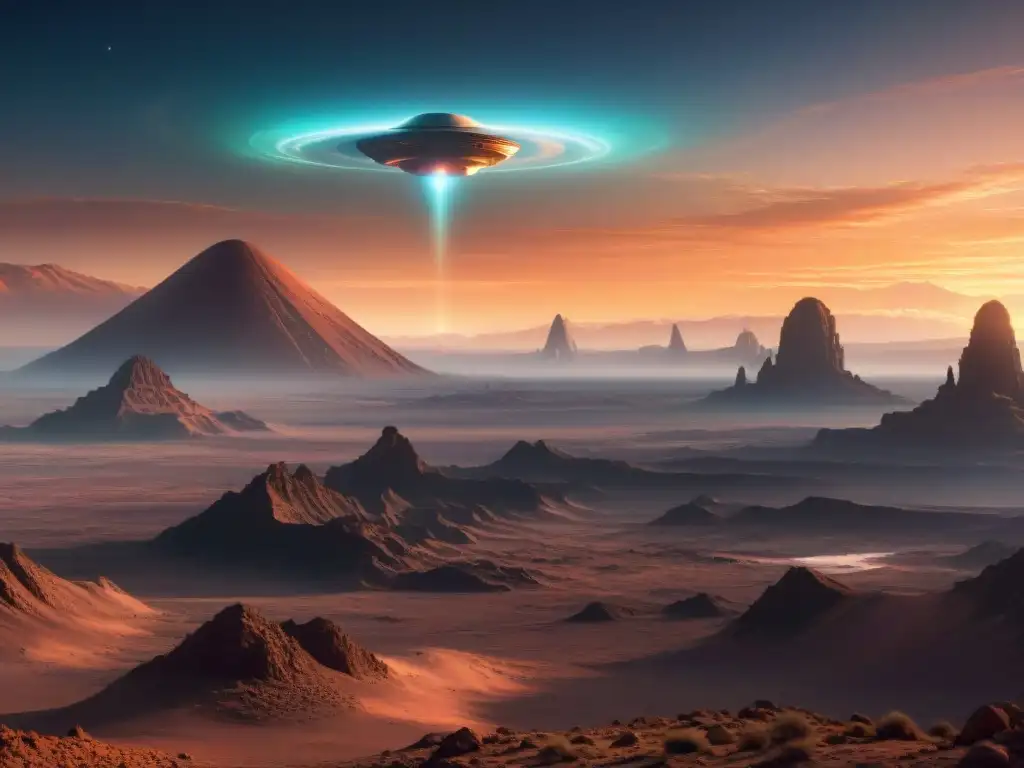 Increíble paisaje alienígena al atardecer con una nave espacial futurista, evocando la comunicación interplanetaria en ciencia ficción