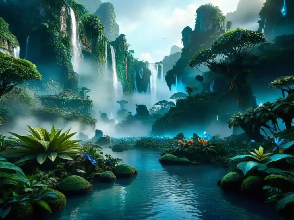 Increíble paisaje de Pandora en 'Avatar', con montañas flotantes, plantas bioluminiscentes y vida silvestre, todo bañado en la luz suave del bosque