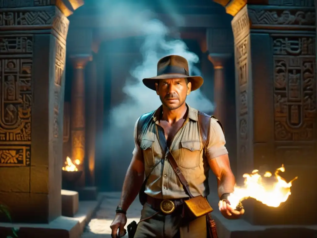 Indiana Jones en un antiguo templo, con un artefacto dorado y un látigo, rodeado de misterios y peligros