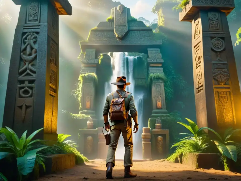 Indiana Jones en la entrada de un templo antiguo, listo para la exploración de mundos y reinos ficticios