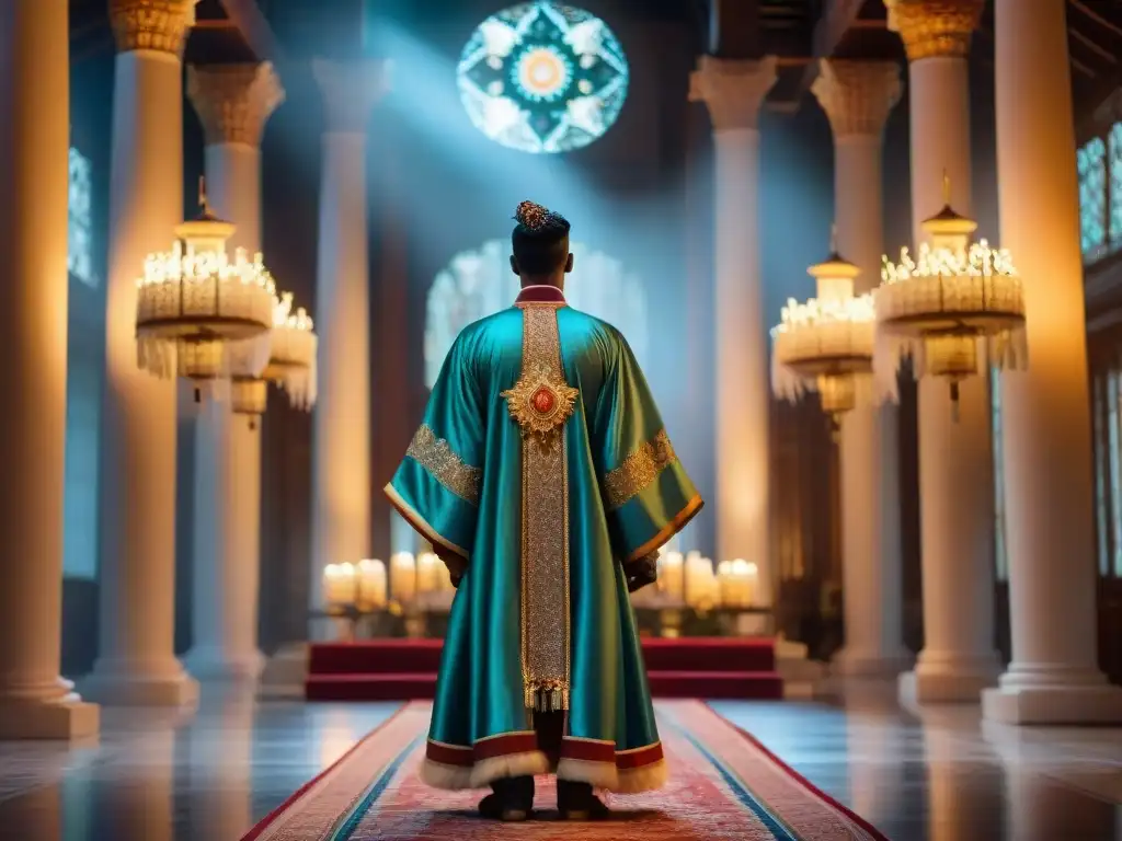 Indumentaria en culturas ficticias: majestuosa capa ceremonial de plumas iridiscentes y bordados, colgando en un gran salón iluminado por velas