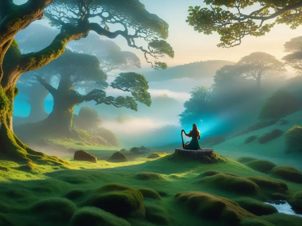 Bosque celta místico al anochecer: Ruinas ancestrales y luces etéreas Influencia celta en arte moderno: Bosque místico al atardecer con ruinas celtas y luces azules y verdes