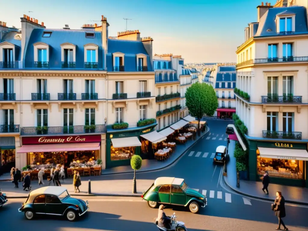 Influencia de París en cine: Escena callejera parisina con encanto, cafés al aire libre, bicicletas y la icónica Torre Eiffel al fondo al atardecer