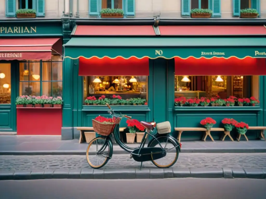 Influencia de París en cine: Café parisino con geranios rojos, bicicletas vintage y la Torre Eiffel al atardecer