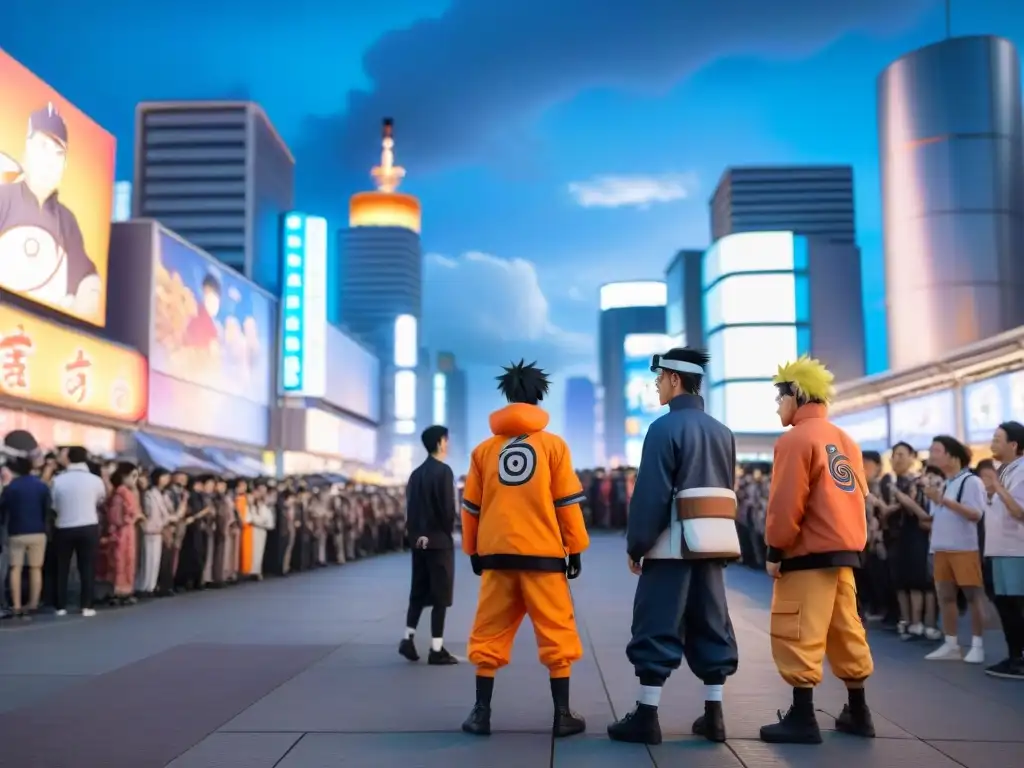 Influencia cultura juvenil Naruto: Jóvenes en cosplay de Naruto compiten bajo luces de neón en bulliciosa calle urbana