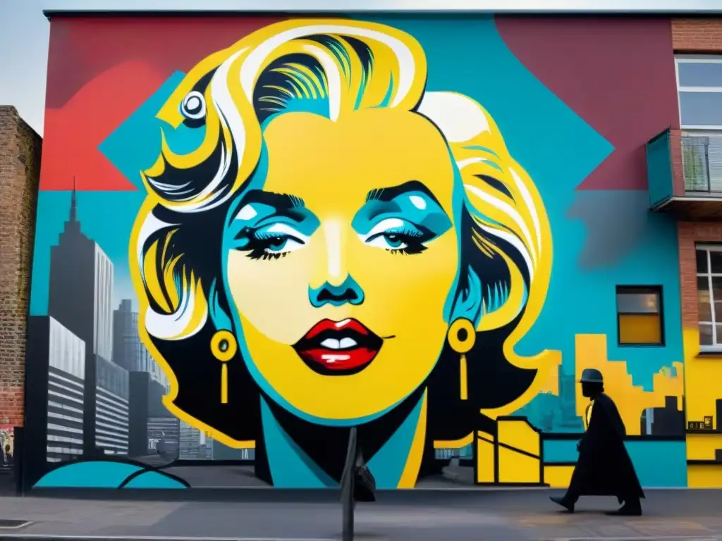 Influencia de la cultura pop en arte: Mural urbano vibrante con iconos como Marilyn Monroe, Darth Vader y Pikachu