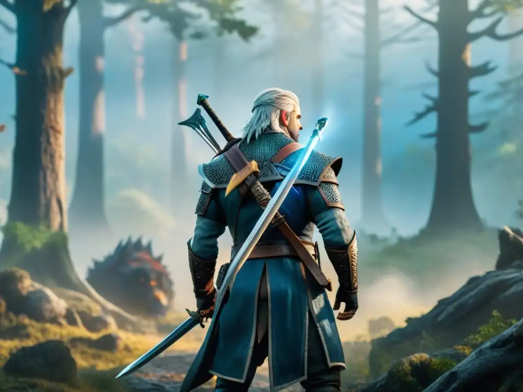 Influencia mitología eslava en The Witcher: Geralt en un bosque eslavo denso, con su espada plateada lista y su mirada fija en peligros ocultos