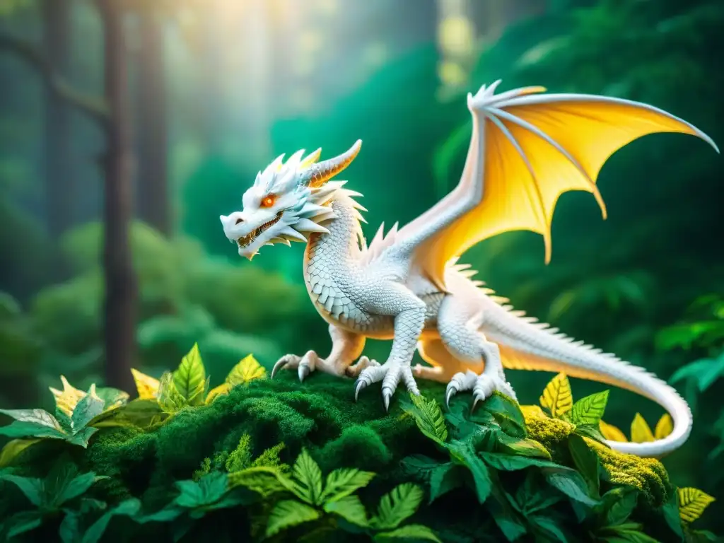 Dragón blanco majestuoso en bosque místico lleno de ruinas y cristales Influencia de La Historia Sin Fin: Un majestuoso dragón blanco surca un bosque místico lleno de ruinas y cristales brillantes