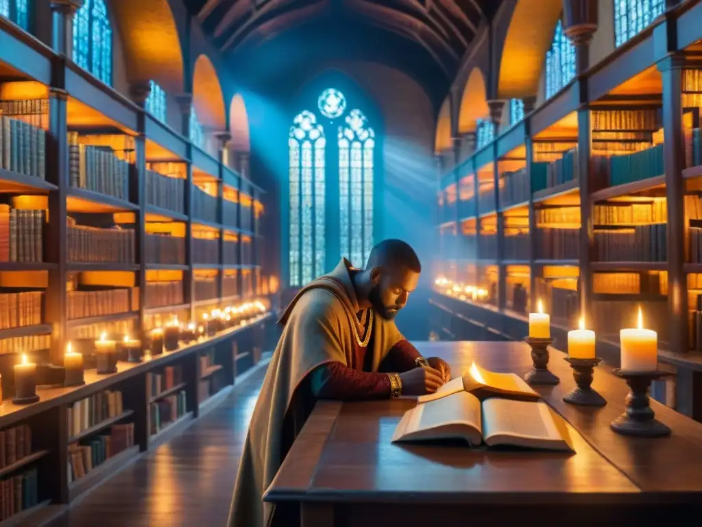 Influencia de lenguas antiguas en la creación de idiomas ficticios en una biblioteca mística iluminada por velas y vitrales