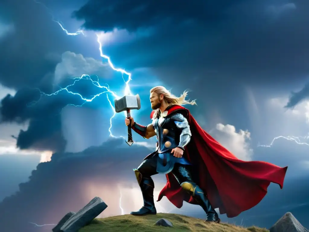 Influencia de la mitología nórdica en Thor: Ilustración detallada del dios del trueno en plena batalla, con Mjolnir y un cielo tormentoso de fondo