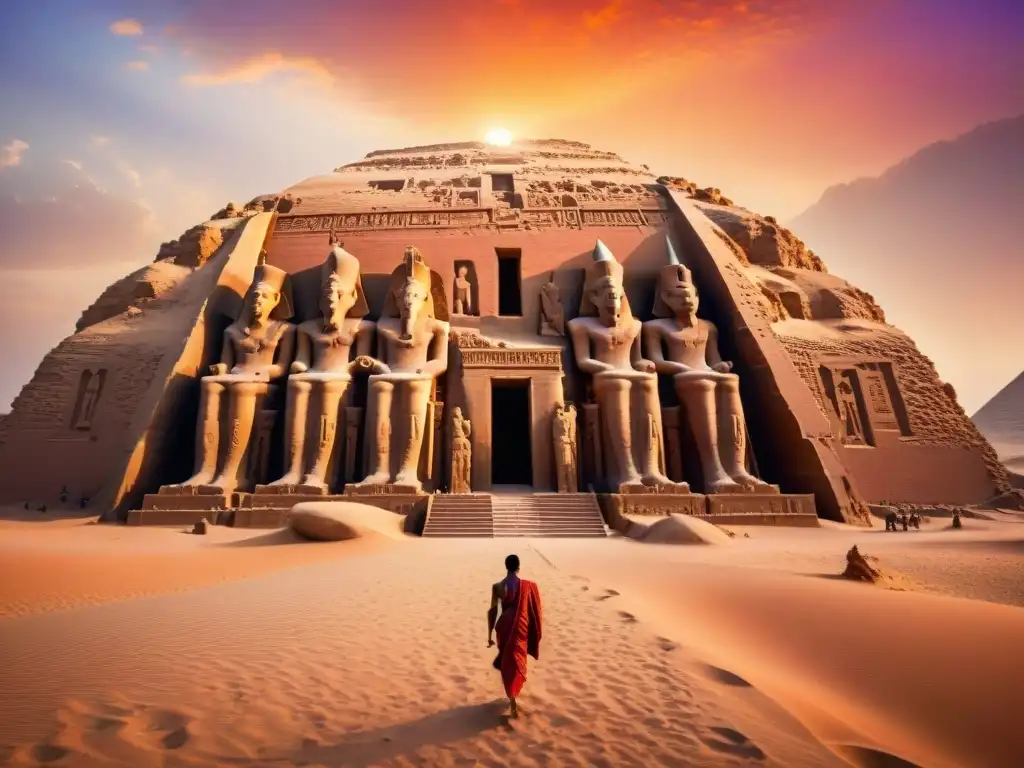 Influencia de la mitología egipcia en el universo: Templo majestuoso al atardecer en el desierto, con dioses y jeroglíficos