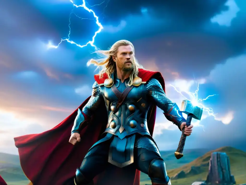 Influencia de la mitología nórdica en Thor: Épica batalla en Asgard con Thor y Mjolnir, relámpagos y el Bifrost