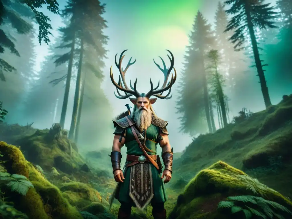 Influencia de la mitología eslava en The Witcher: ilustración épica del Leshy dominando un bosque antiguo con ojos verdes brillantes