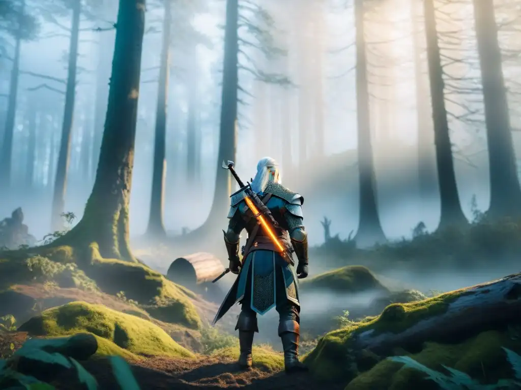 Influencia de la mitología eslava en The Witcher: Geralt de Rivia en armadura, rodeado de criaturas míticas en un bosque Slavo mágico y misterioso