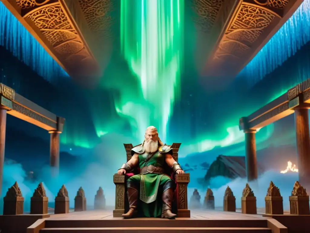 Influencia de la mitología nórdica en la fantasía moderna: majestuosa sala con dioses y guerreros rodeando un trono bajo la aurora boreal