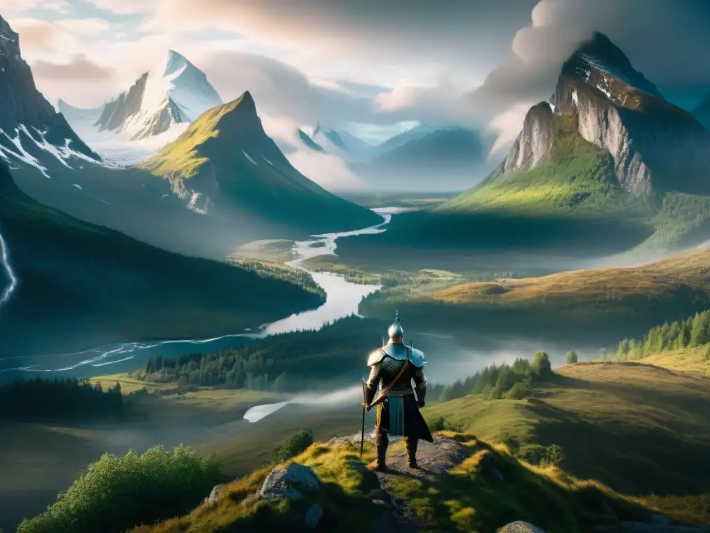 Influencia de la mitología nórdica en un mundo de fantasía moderna con guerreros valientes y paisajes épicos