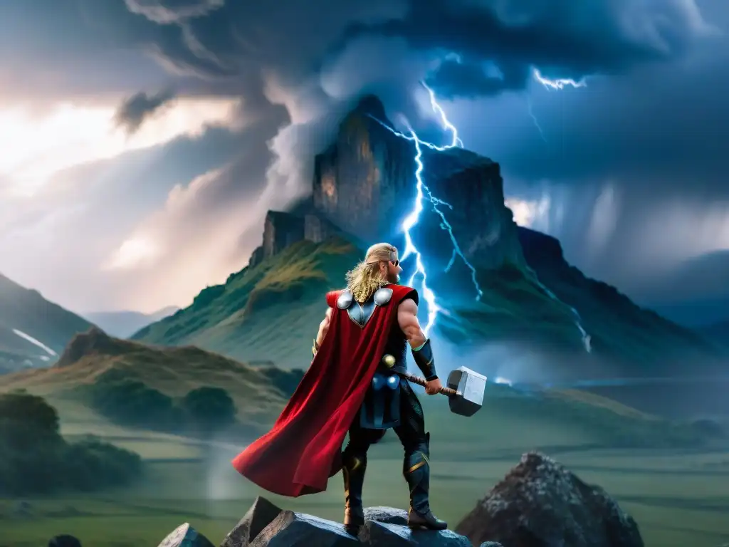 Influencia de la mitología nórdica en Thor: imagen de Thor, dios del trueno, en un campo de batalla tormentoso levantando su martillo Mjölnir