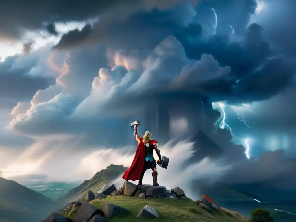 Influencia de la mitología nórdica en Thor: Thor, dios del trueno, levanta Mjölnir en una tormenta en la cima de una montaña