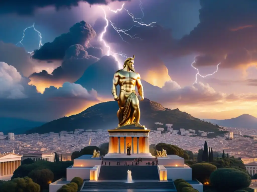 Influencia mitológica en entretenimiento: Estatua colosal de Zeus en ciudad moderna con rayos