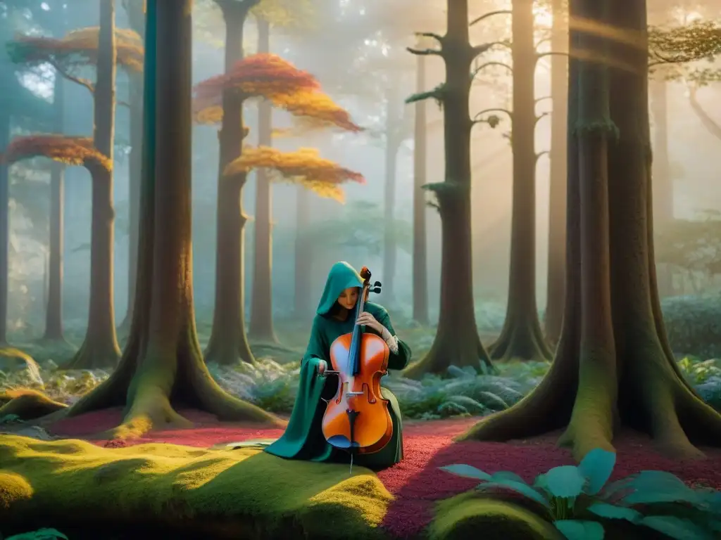 Influencia de la música en mundos ficticios: Bosque místico al atardecer con figura y violín entre notas musicales