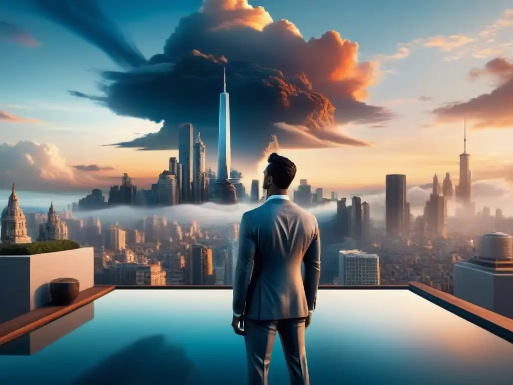 Influencia del sueño en cultura: Ciudad onírica con edificios retorcidos y un personaje en un tejado, evocando 'Inception'