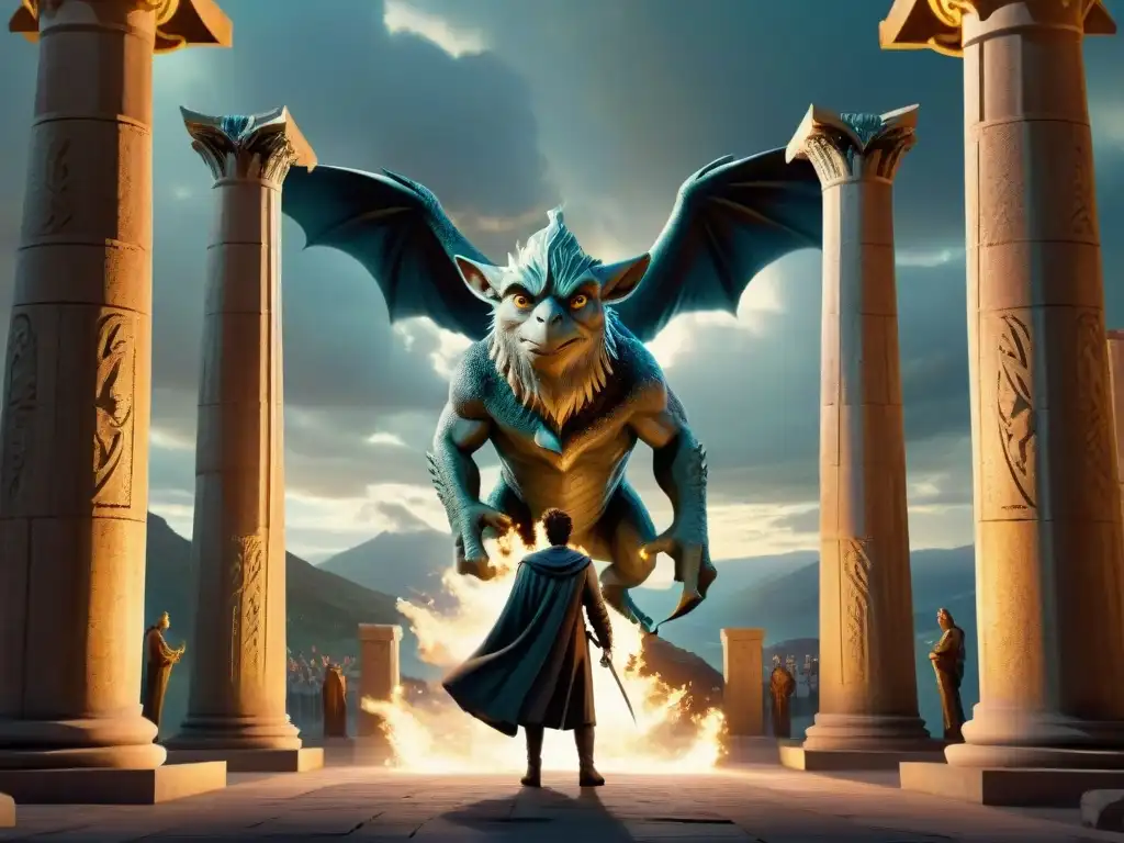 Harry Potter, influenciado por la mitología griega, enfrenta a un monstruo en épico duelo en un escenario de arena y arquitectura griega